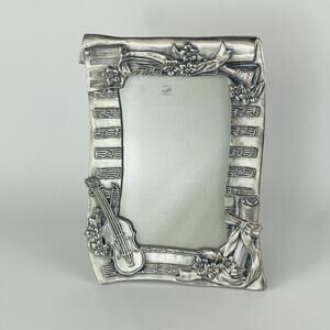 Silver Metal Musical Violin Sheet Music Picture Frame; Frame 7 5/8 x 5 1/2
